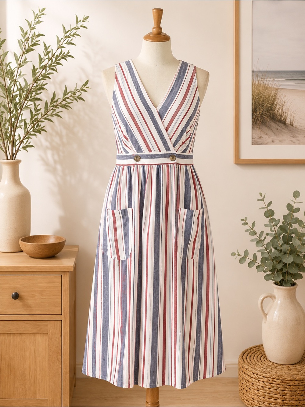 Reitmans Striped Sleeveless Midi Dress with Pockets